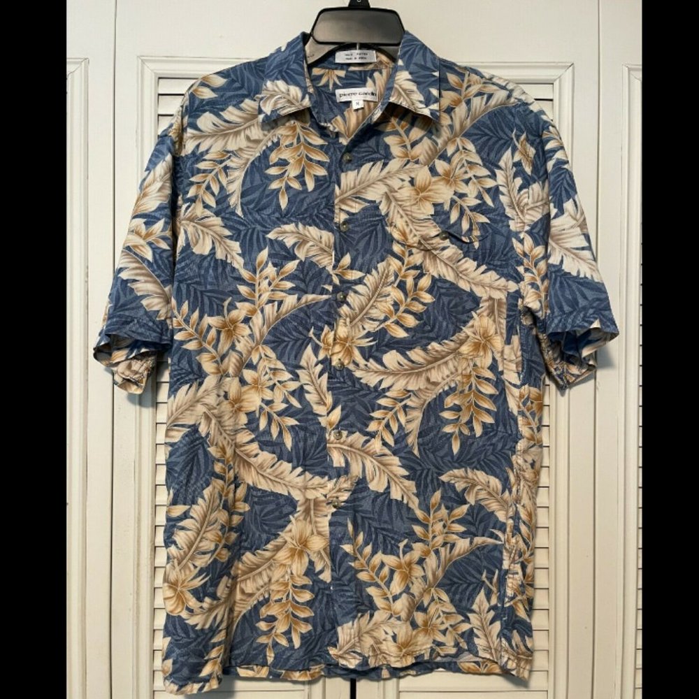VTG PIERRE CARDIN Blue Beige Hawaiian Floral Rayon Button Down Shirt Size M